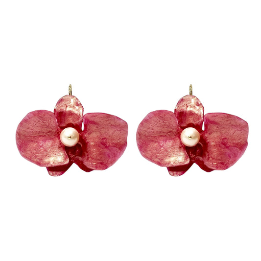 Handmade upcycled orchid earrings crafted from recycled PET bottles, eco-friendly floral jewelry by a Singapore artisan, lightweight and elegant design.