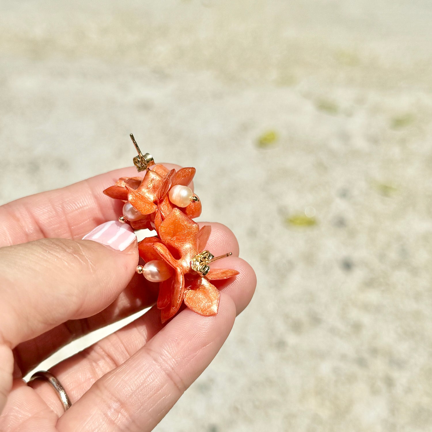 Lilac Fantasy earrings handcrafted from upcycled plastic, featuring pearl ivory white accents. Lightweight, eco-friendly statement jewelry for sustainable fashion lovers.