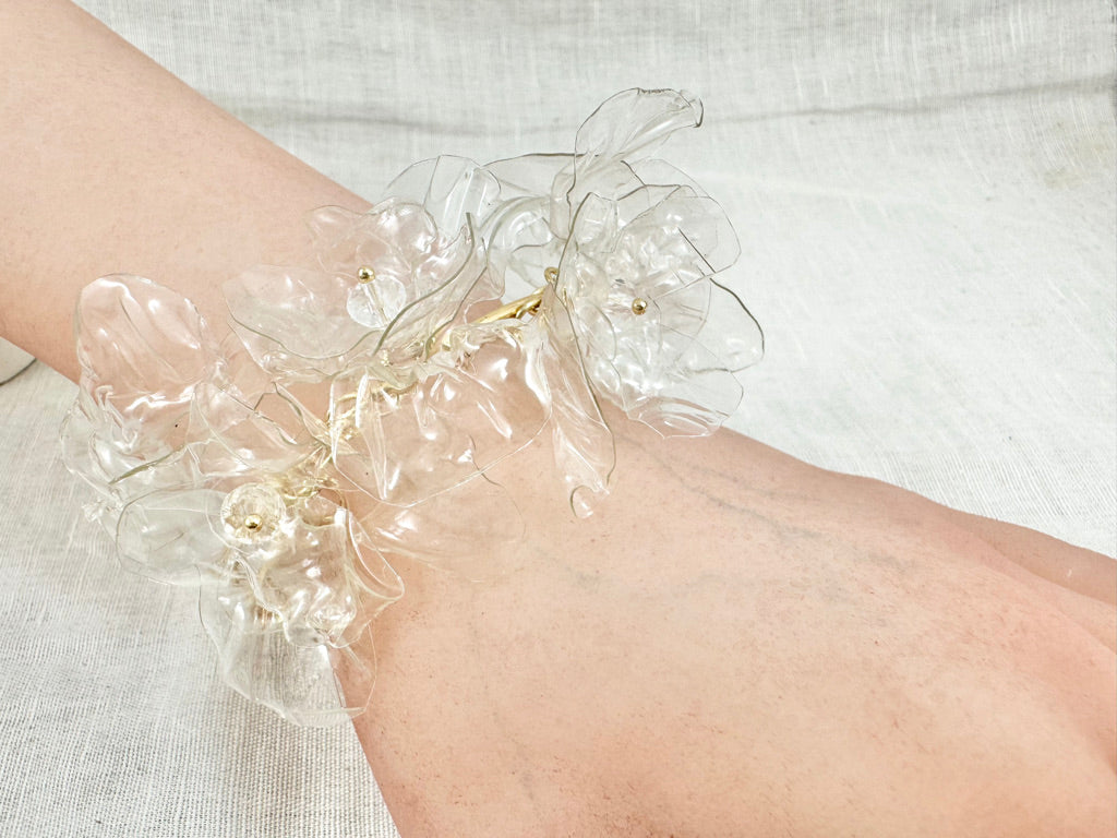 Upcycled bracelet bangle- clear flower -