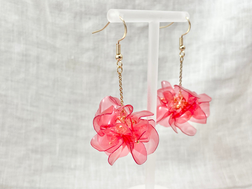 Upcycled earrings - red bell flowers long - 14KGF