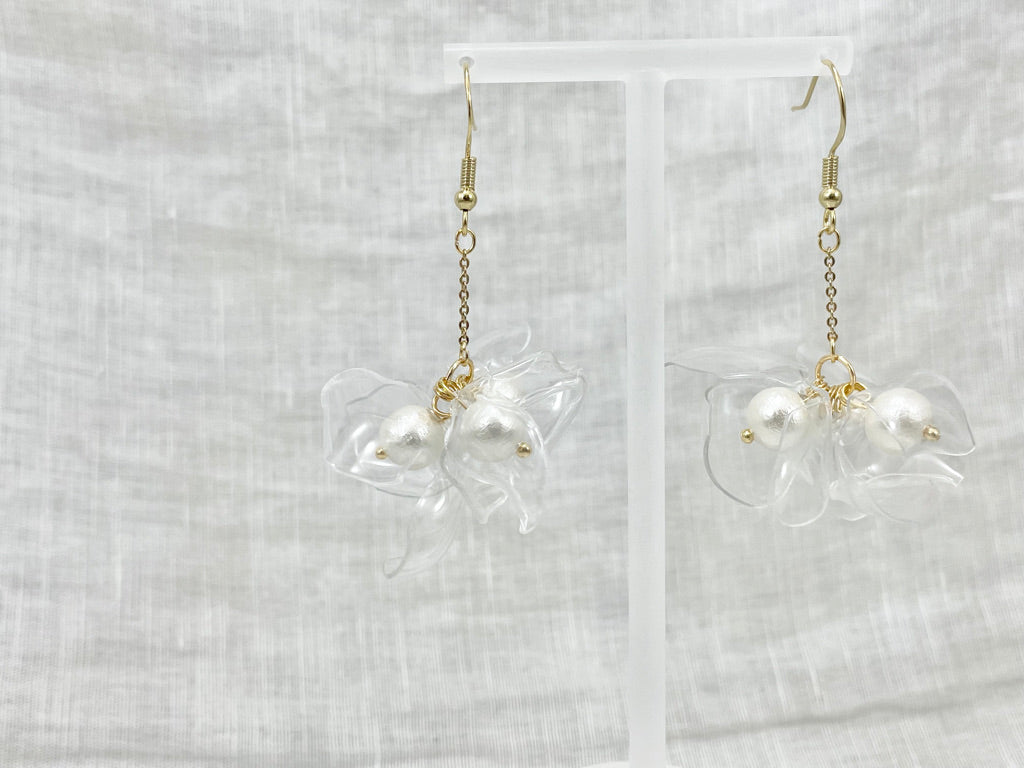 Upcycled earrings - cotton pearl bell flowers- 14KGF