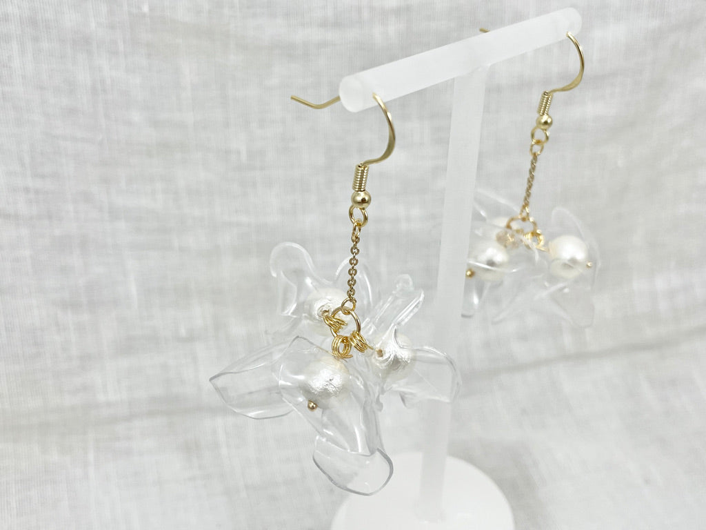 Upcycled earrings - cotton pearl bell flowers- 14KGF