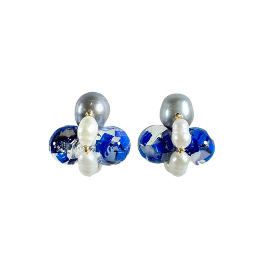 Bee Divine blue bee earrings with fresh water pearls handcrafted from upcycled plastic, featuring delicate bee-inspired designs with lightweight, eco-friendly materials. A sustainable statement piece for nature lovers.