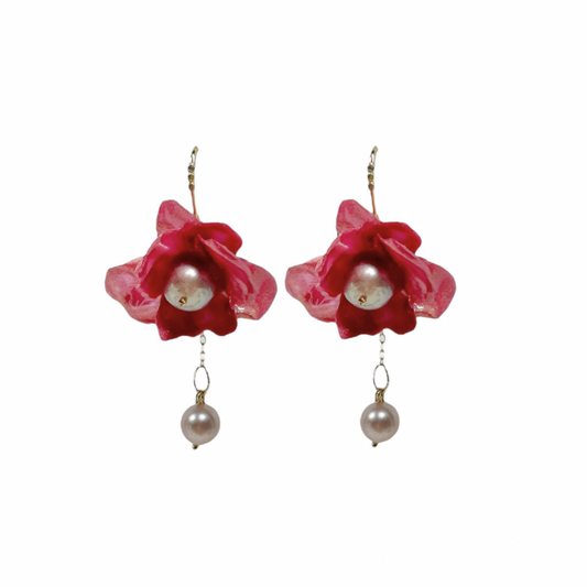 Anemone Collection earrings handcrafted from upcycled plastic, inspired by Japanese petal antique pink rose anemones. Lightweight, nature-inspired statement jewelry for eco-conscious fashion lovers.