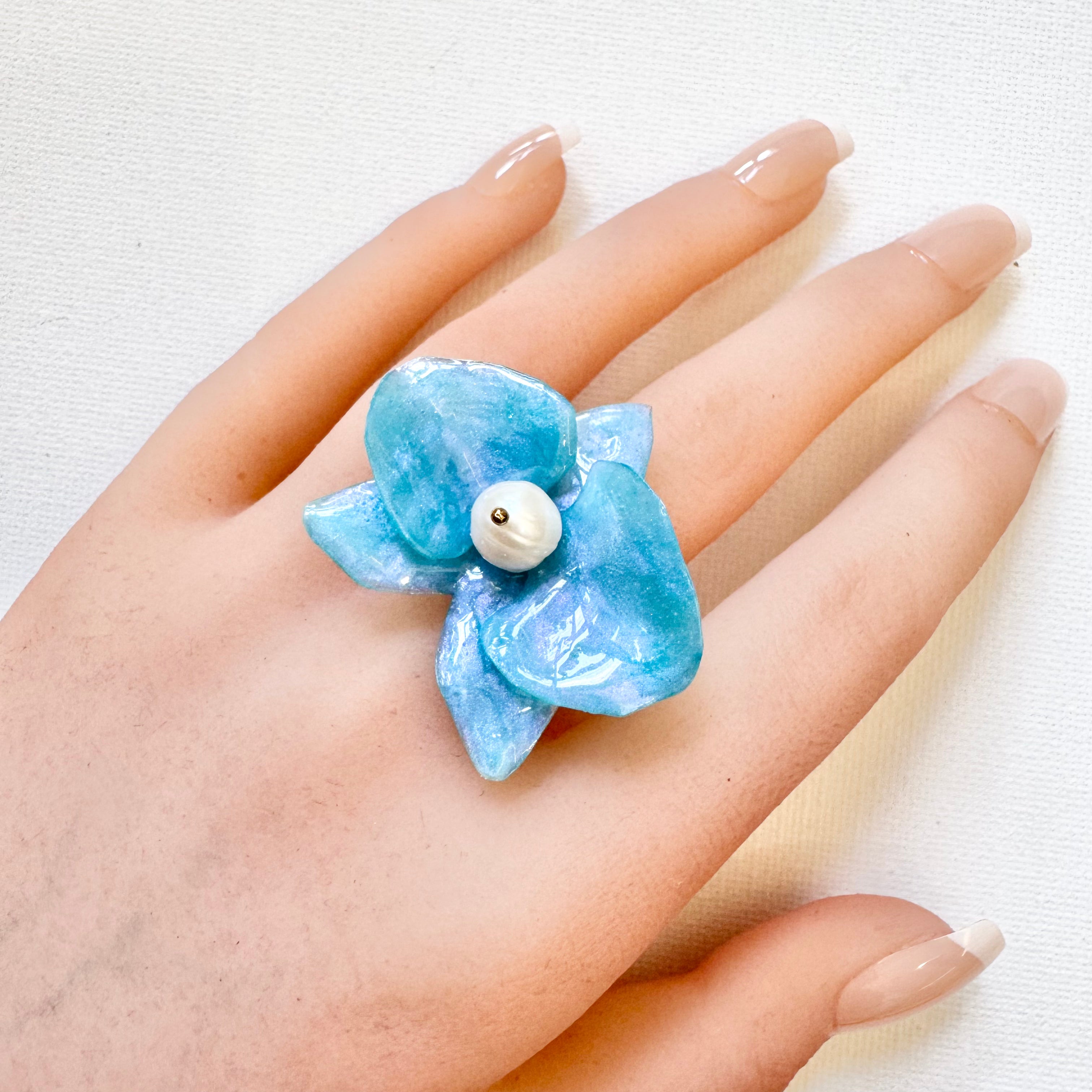 Milky Opal flower ring detail - upcycled plastic jewelry