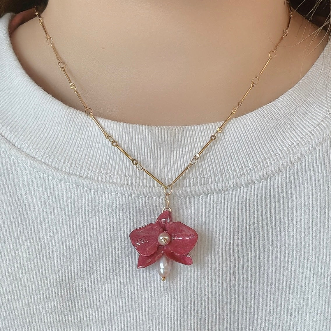 Dainty Orchid Necklace - Burgundy -