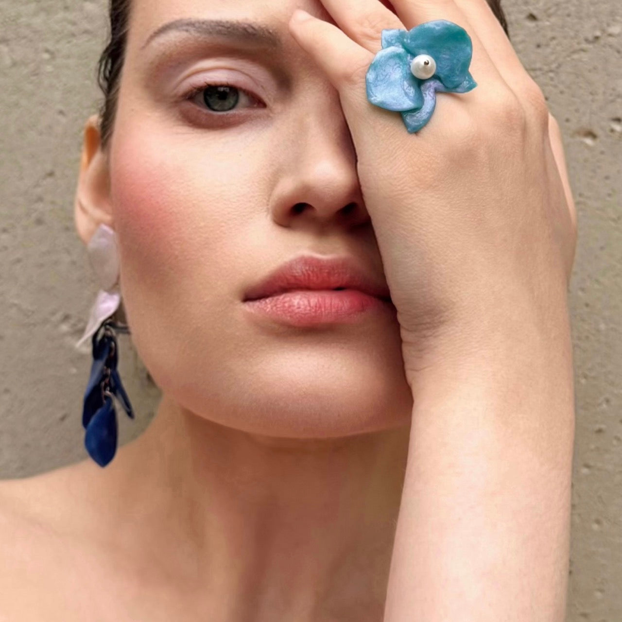 Eternal Orchid Milky Opal ring worn on hand - handmade upcycled jewelry