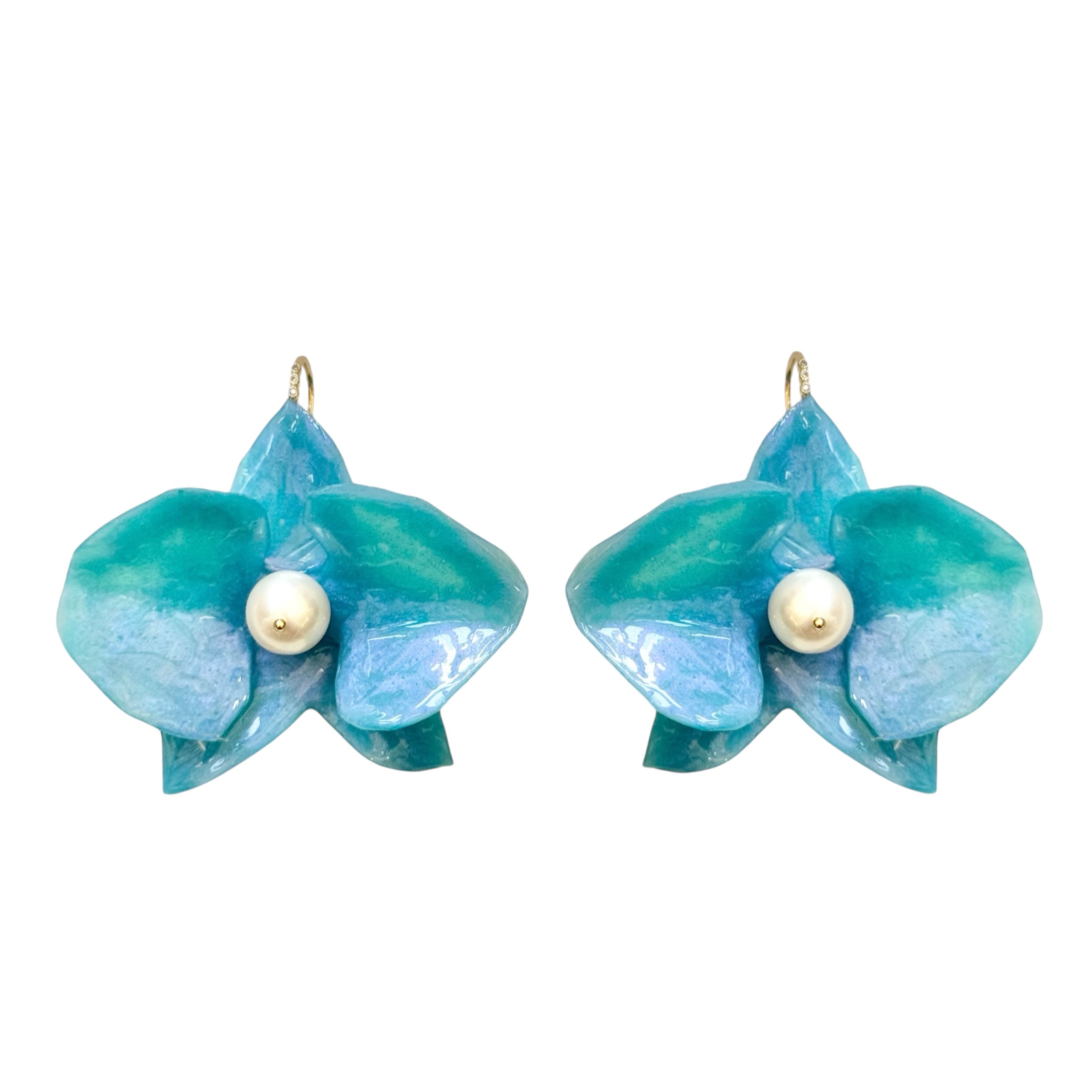 Handmade upcycled orchid earrings crafted from recycled PET bottles, eco-friendly floral jewelry by a Singapore artisan, lightweight and elegant design.