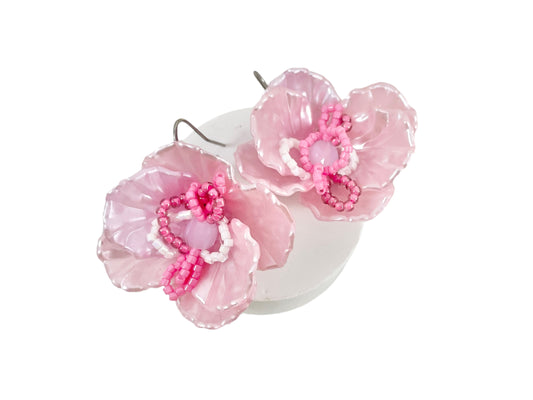Hand beaded earrings - flower pink-
