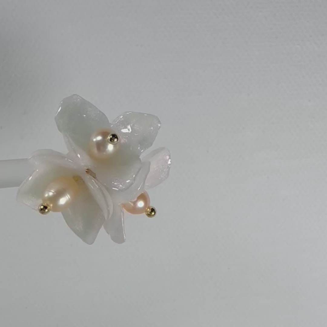 Lilac Fantasy earrings handcrafted from upcycled plastic, featuring pearl ivory white accents. Lightweight, eco-friendly statement jewelry for sustainable fashion lovers.