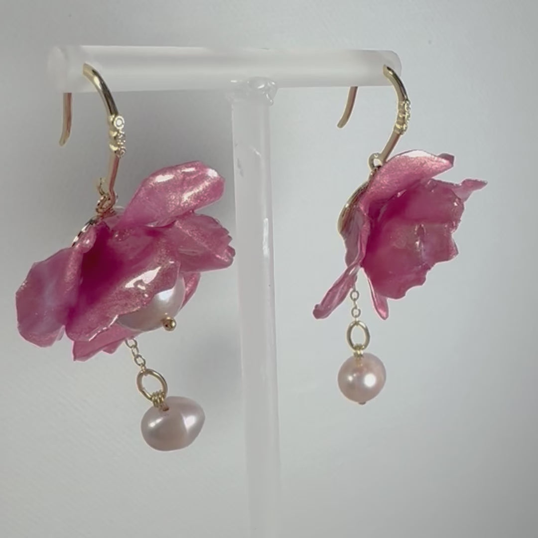 Anemone Collection earrings handcrafted from upcycled plastic, inspired by Japanese petal antique pink rose anemones. Lightweight, nature-inspired statement jewelry for eco-conscious fashion lovers.