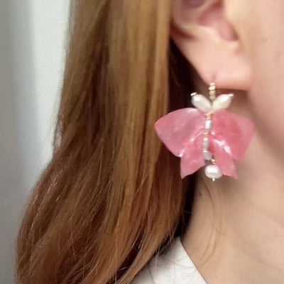 Soft pink butterfly earrings made from upcycled materials, featuring a romantic Pink Chiffon finish and delicate handmade detailing.