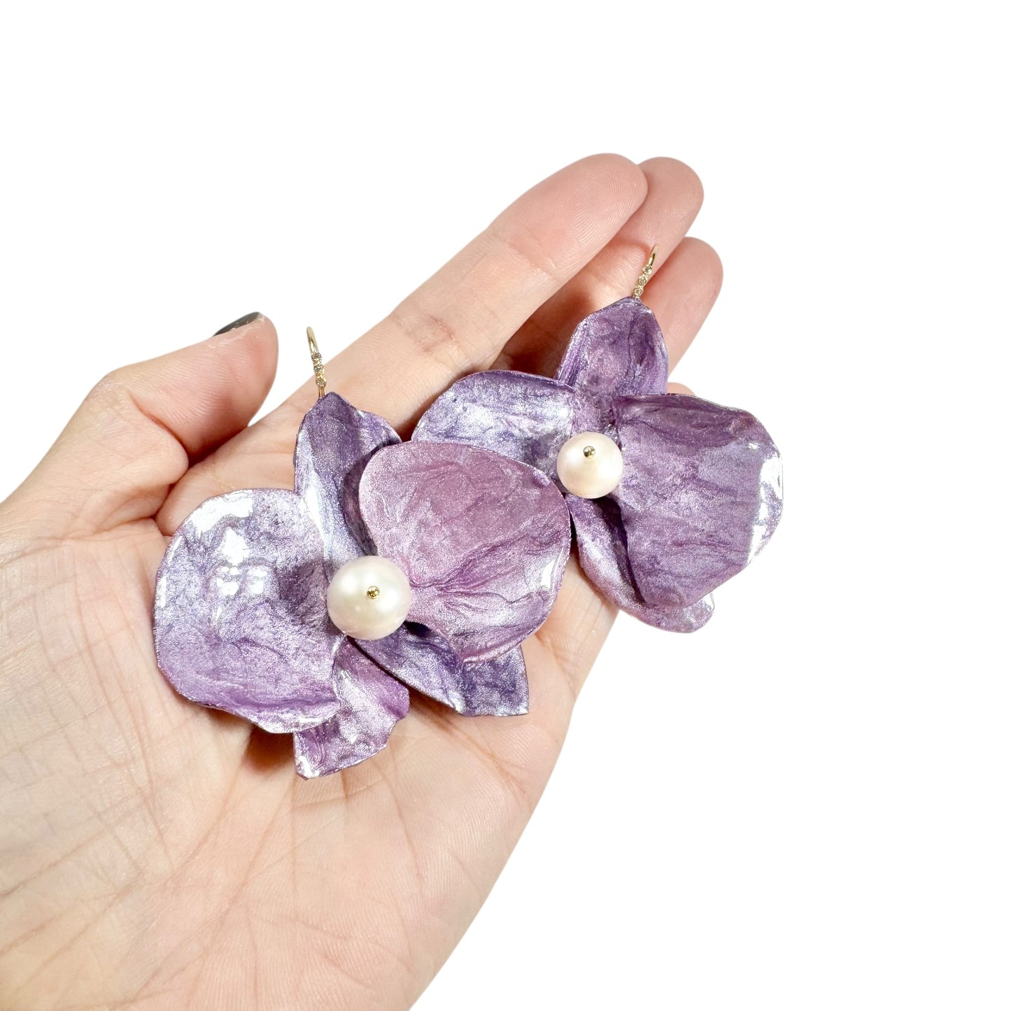 Handmade upcycled orchid earrings crafted from recycled PET bottles, eco-friendly floral jewelry by a Singapore artisan, lightweight and elegant design.