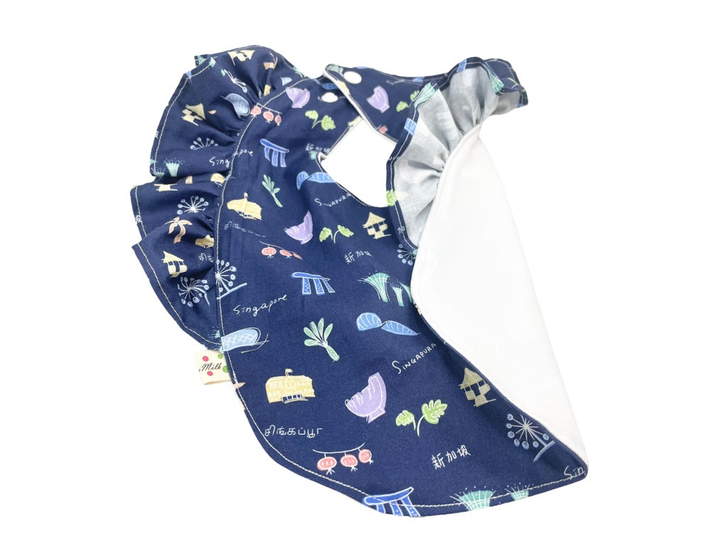 Frill sleeve baby bib -Singapura Navy-