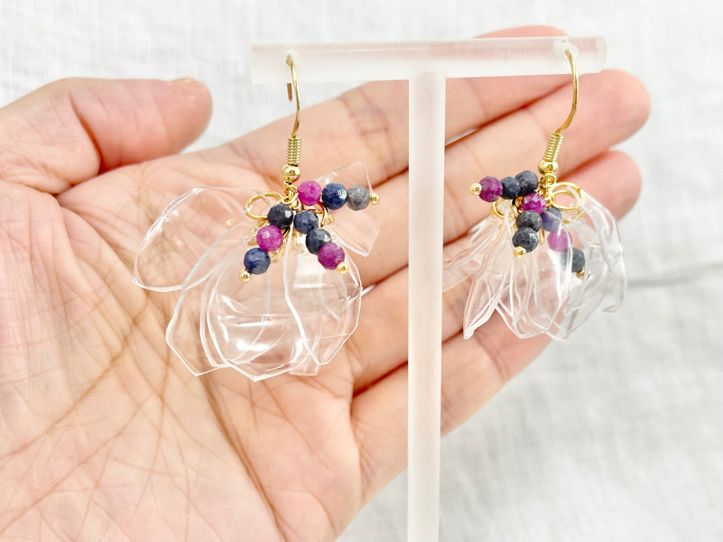 Upcycled earrings - petals - Ruby Sapphire・14KGF
