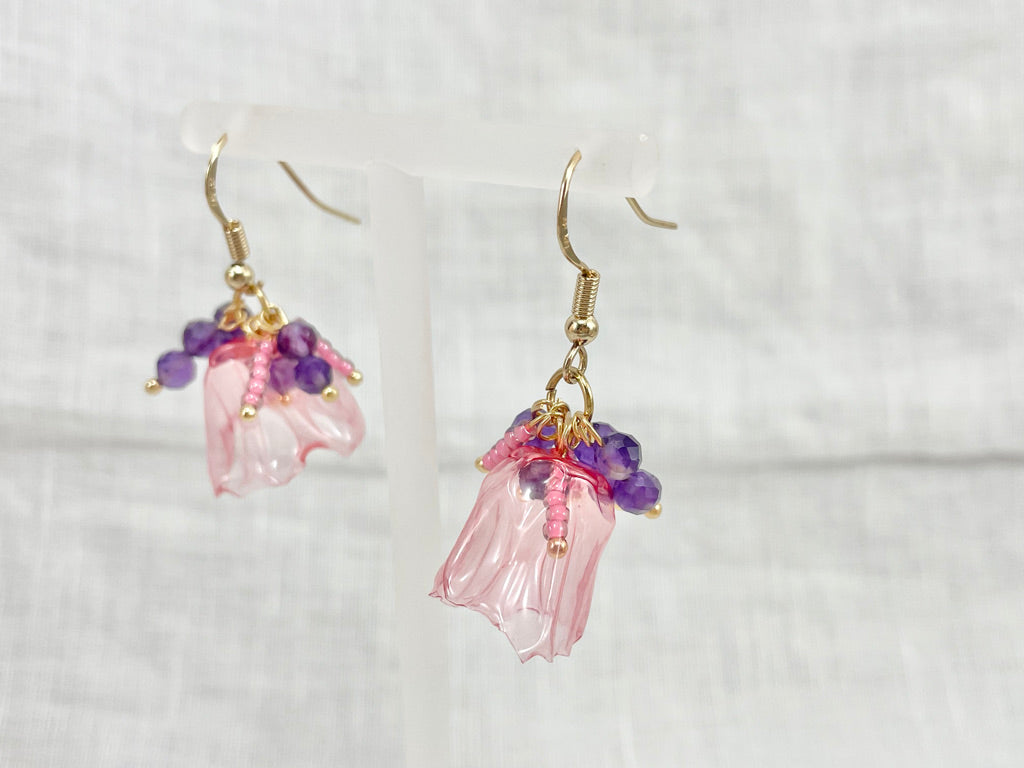 upcycled-plastic-earrings-buds-amethyst flower buds long studs natural stone accessory jewelry unique gift