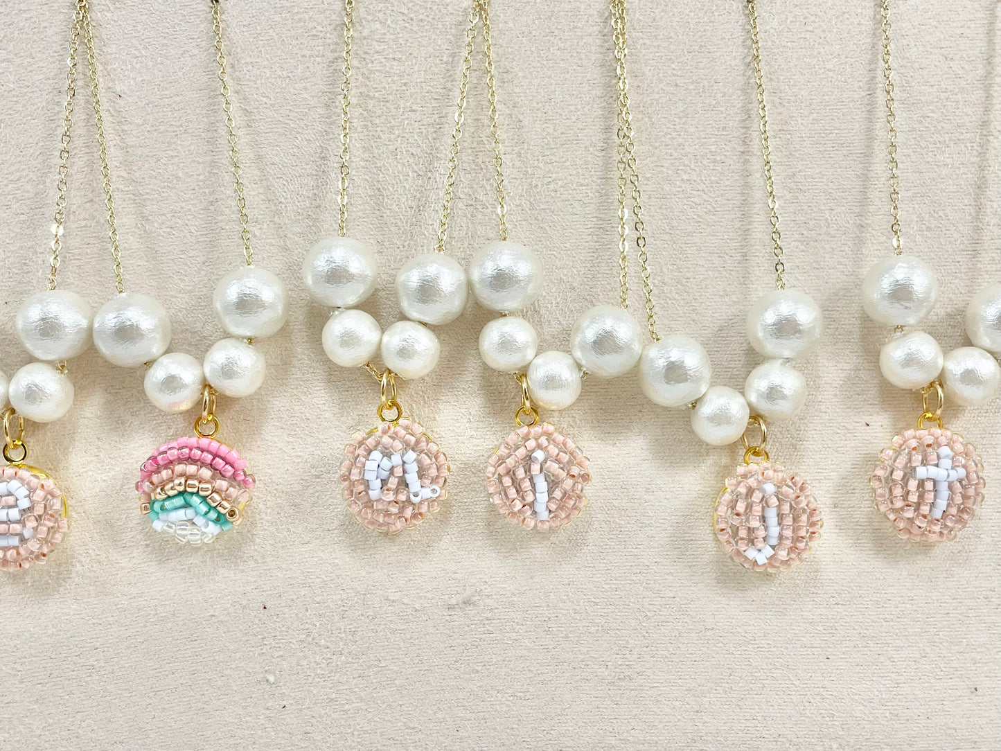 Hand beaded cotton pearl necklace - Alphabet- PEACH