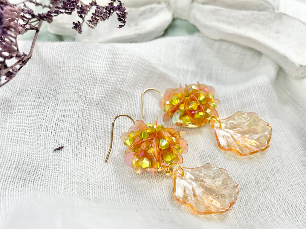 Hand beaded earrings - sequins leaf - 14KGF