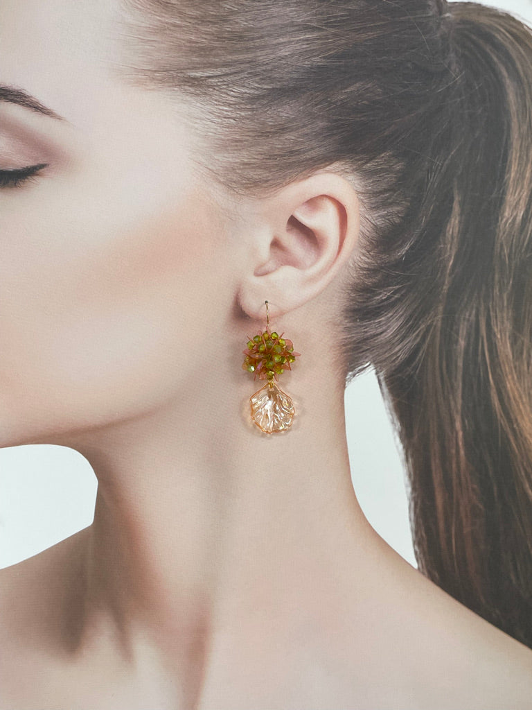 Hand beaded earrings - sequins leaf - 14KGF