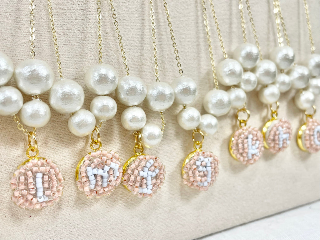 Hand beaded cotton pearl necklace - Alphabet- PEACH