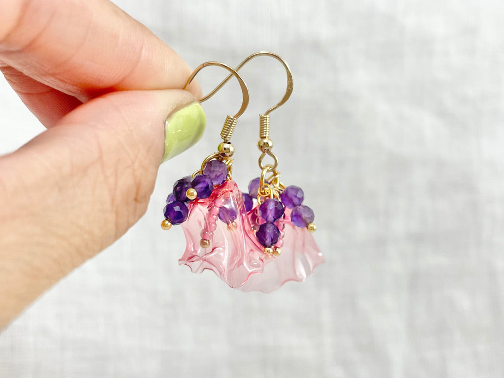 upcycled-plastic-earrings-buds-amethyst flower buds long studs natural stone accessory jewelry unique gift