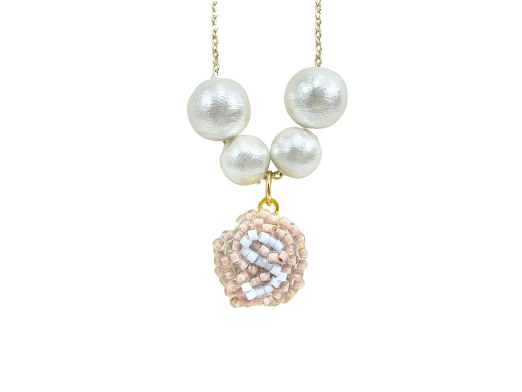 Hand beaded cotton pearl necklace - Alphabet- PEACH