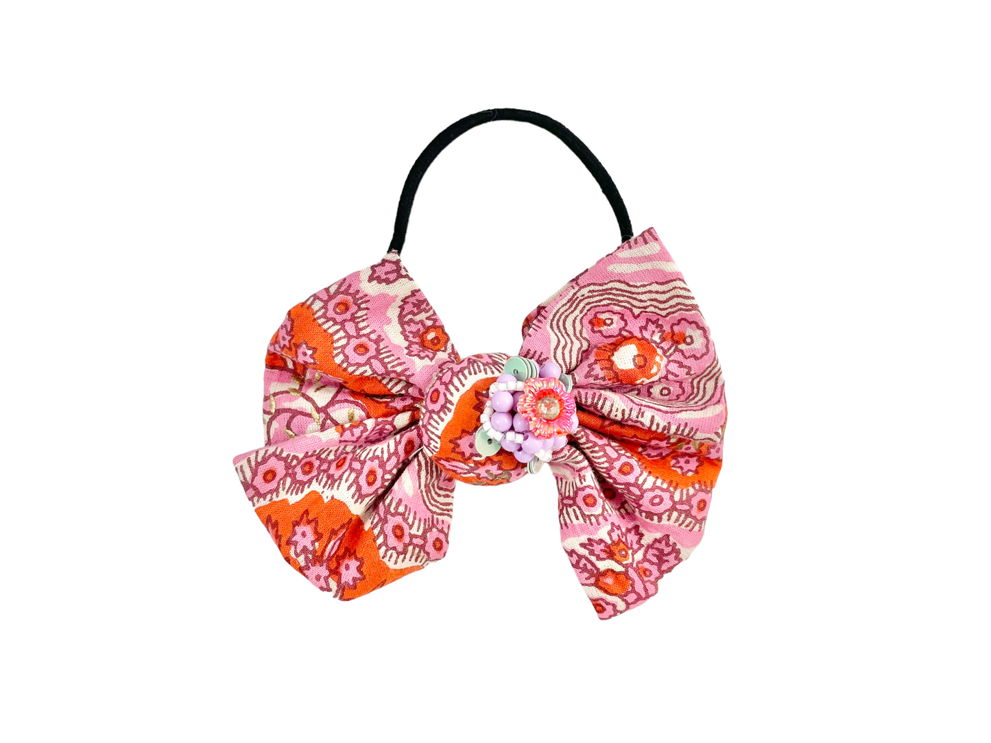 Beaded bow hair tie - Indian cotton -